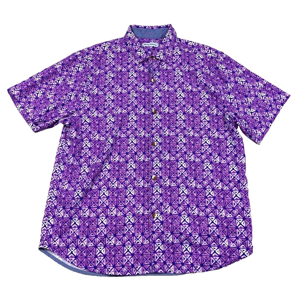 Tommy Bahama Shirt Men‎ Large Purple Silk Button Up Geometric Hawaiian Coolmax